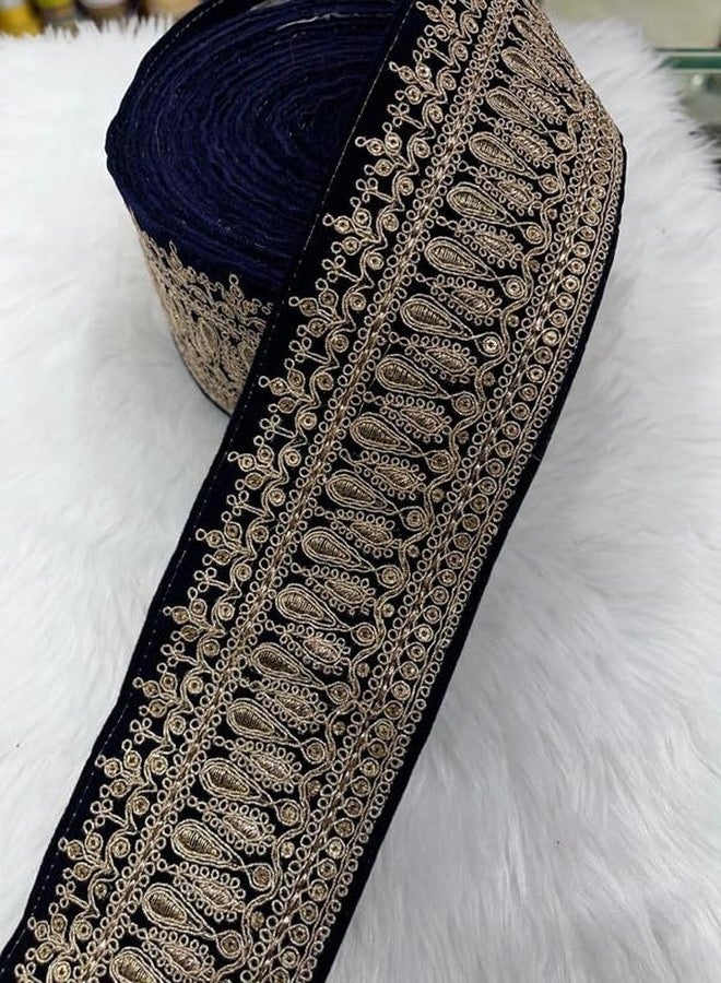 3 Inch Velvet Embroidered Lace Golden Siqunce Lace Border Zari Lace Velvet Lace for Saree Lehenga Dress 9 Meter (Navy Blue)